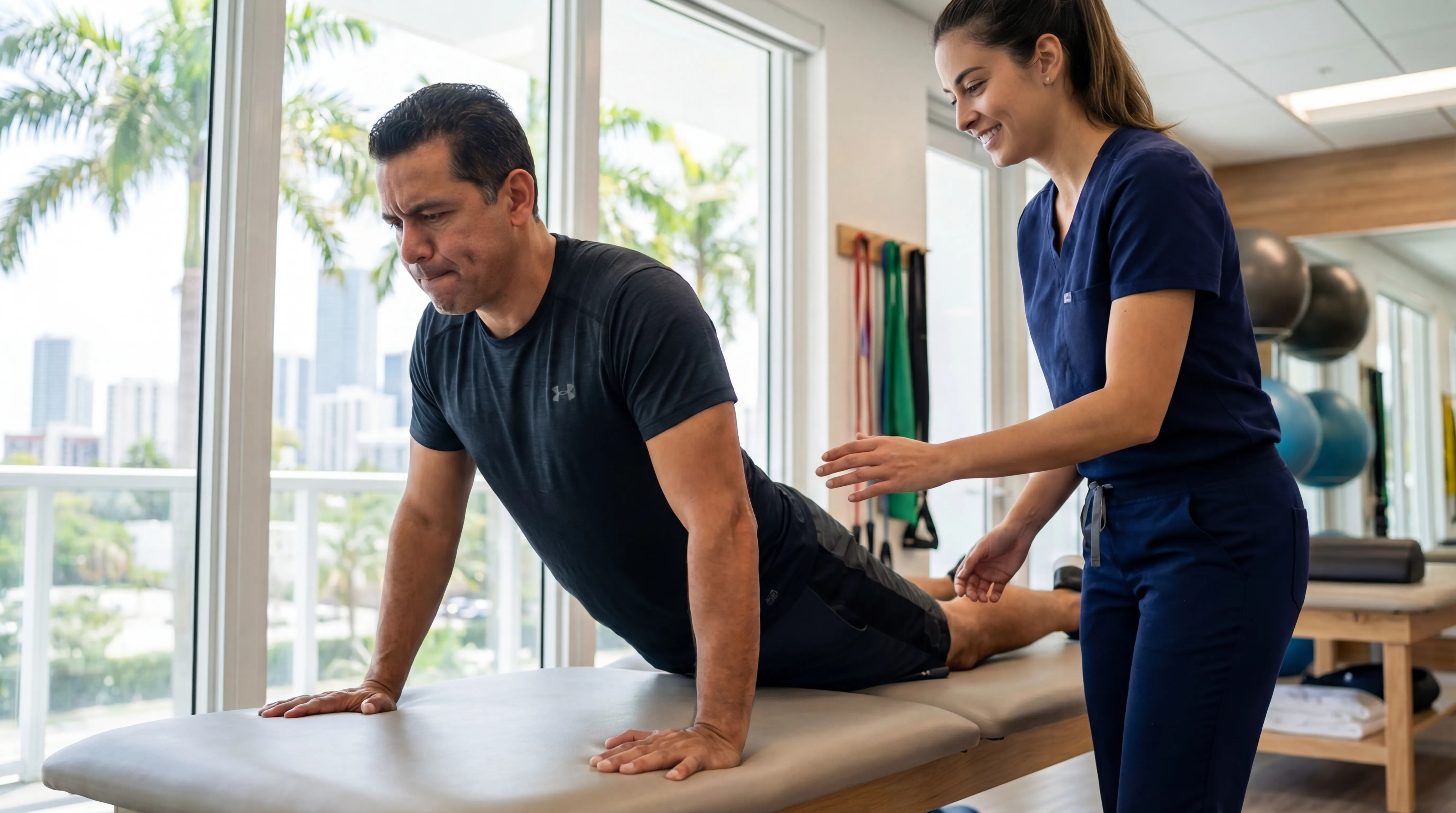 Physical therapist guiding patient through McKenzie extension exercise for herniated disc relief in Miami clinic