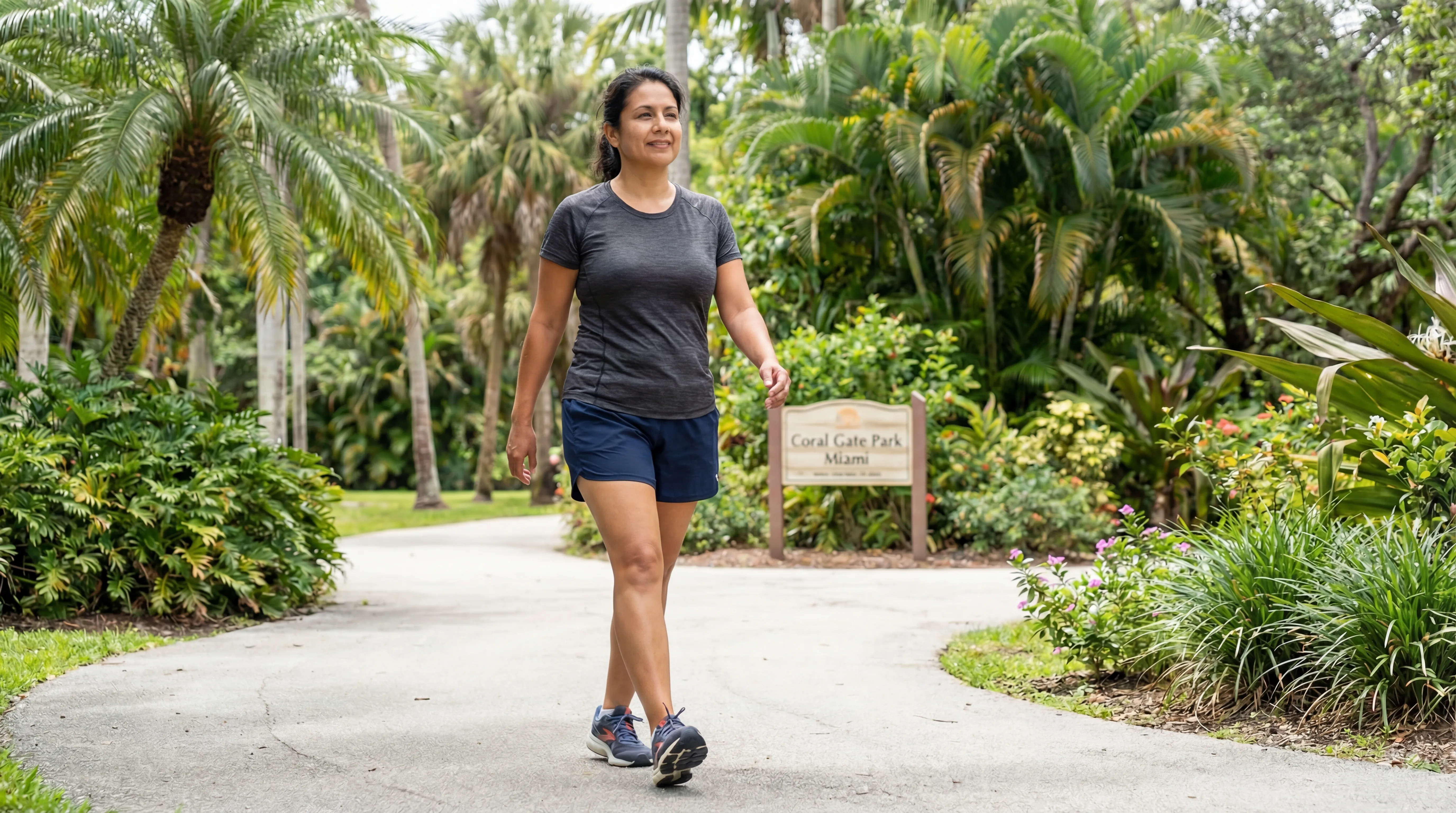 Person walking freely on park path with upright posture, showing recovery from herniated disc