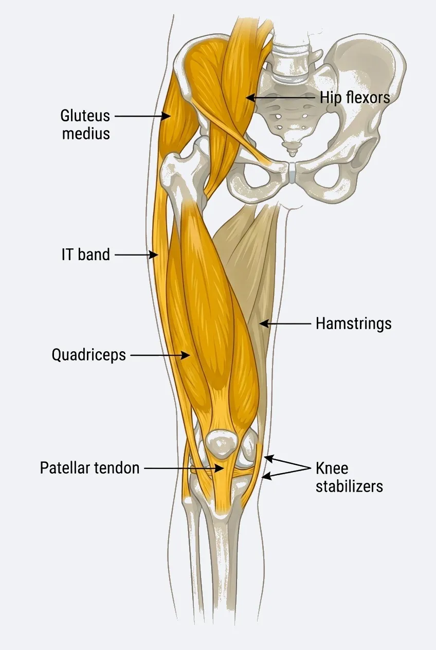 Anatomical diagram showing hip-to-knee muscular chain targeted by TheraMax in Miami