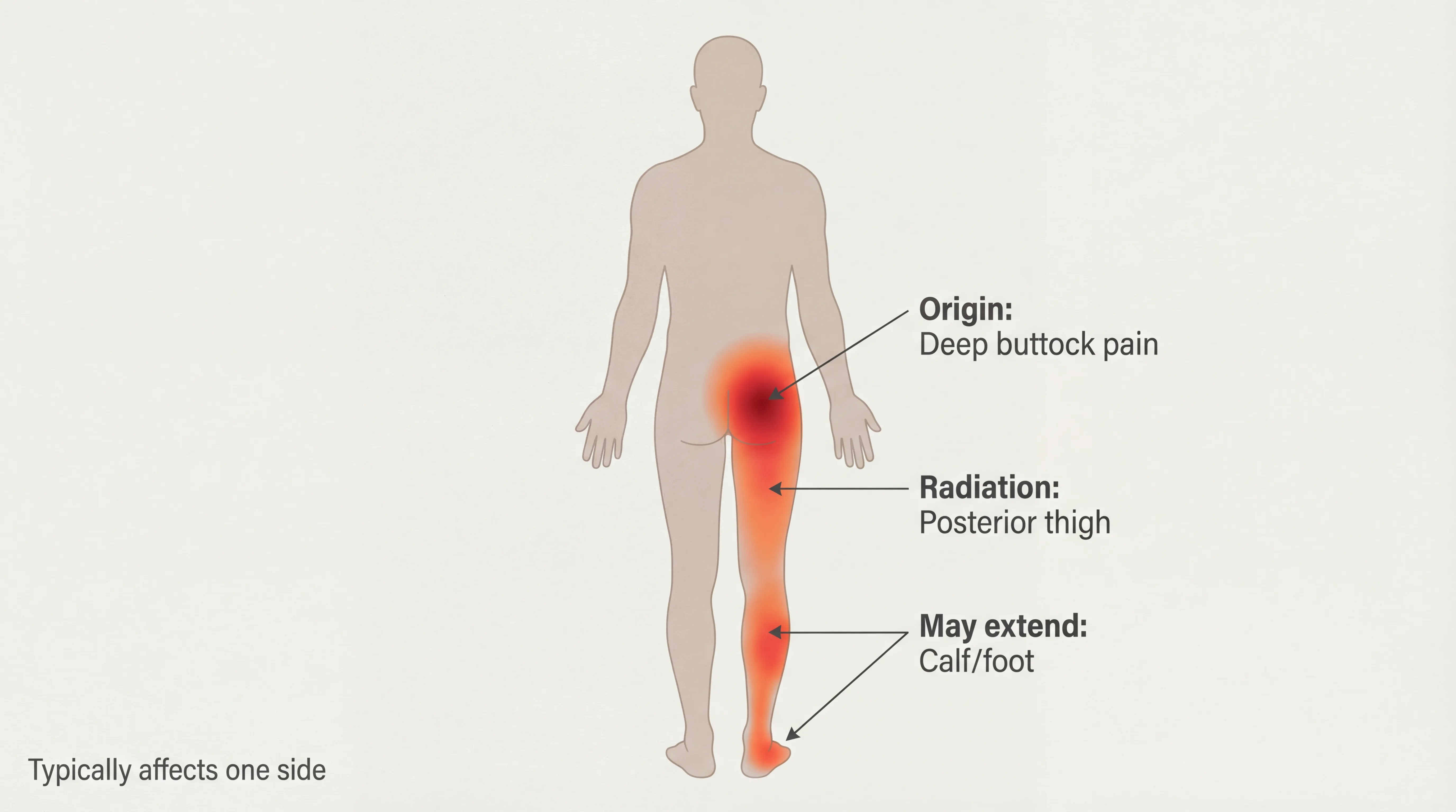 Diagram showing typical pain pattern of piriformis syndrome radiating from buttock down leg