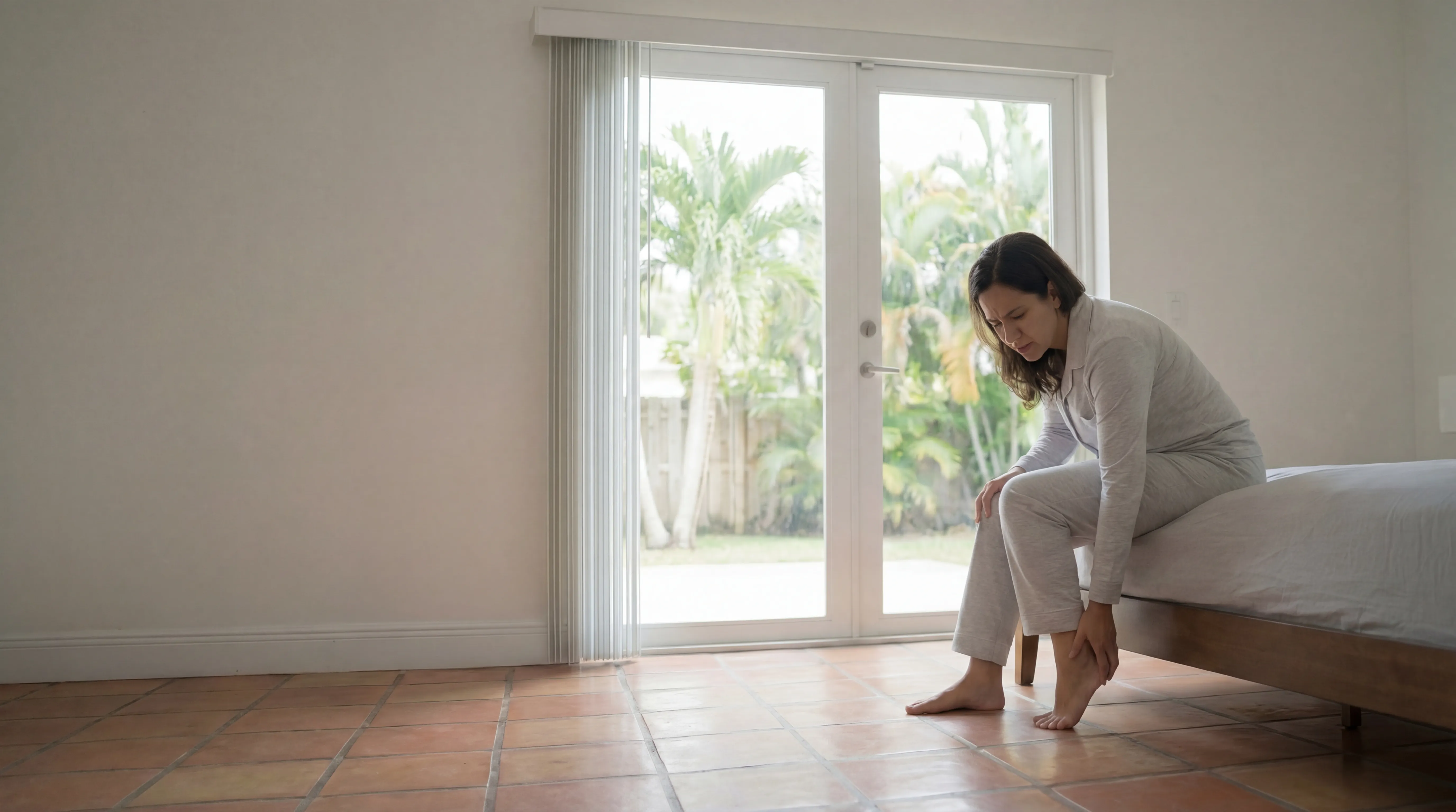 Woman with plantar fasciitis heel pain sitting on bed in Miami