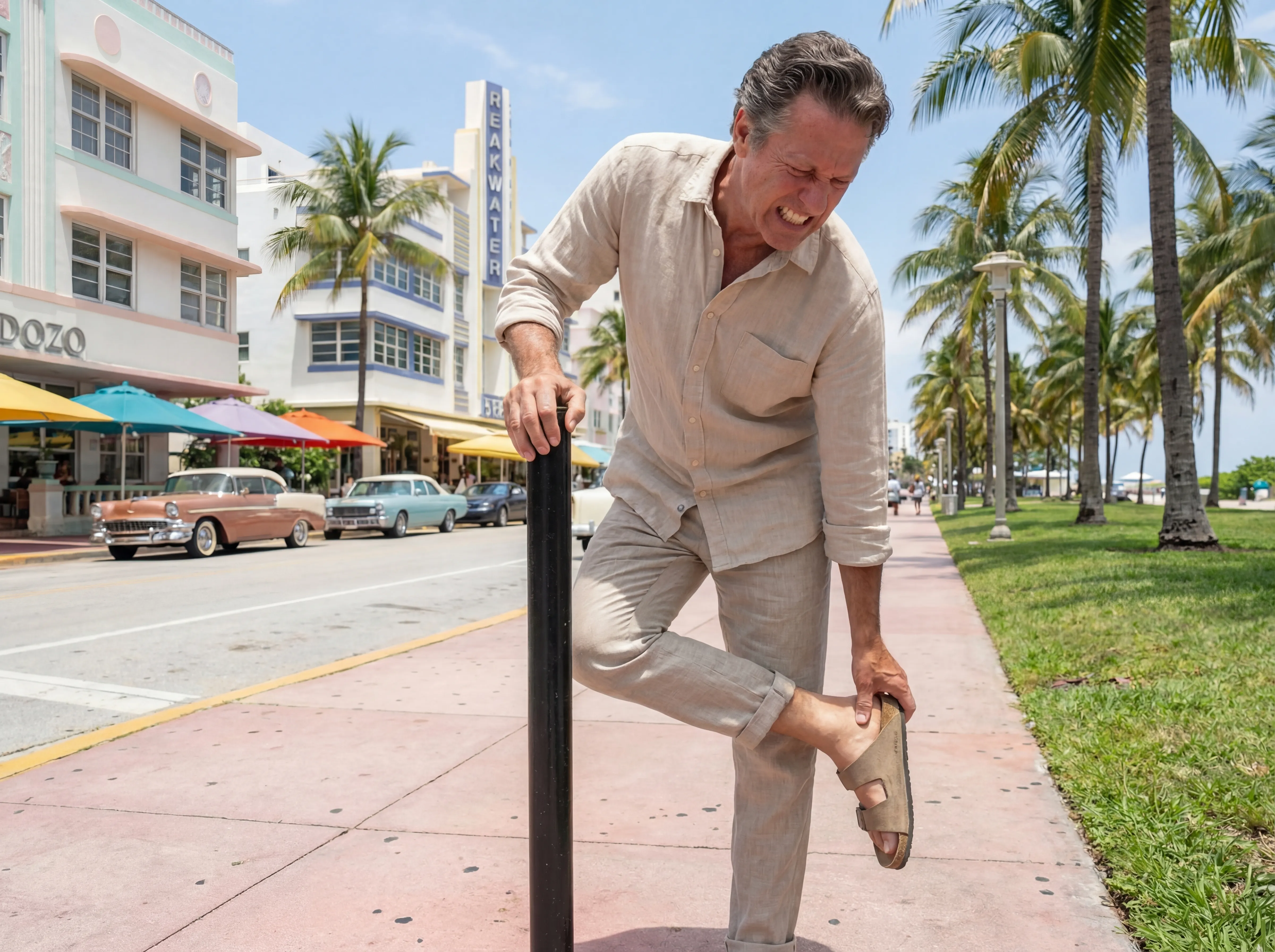 Person with plantar fasciitis heel pain walking on Ocean Drive Miami Florida