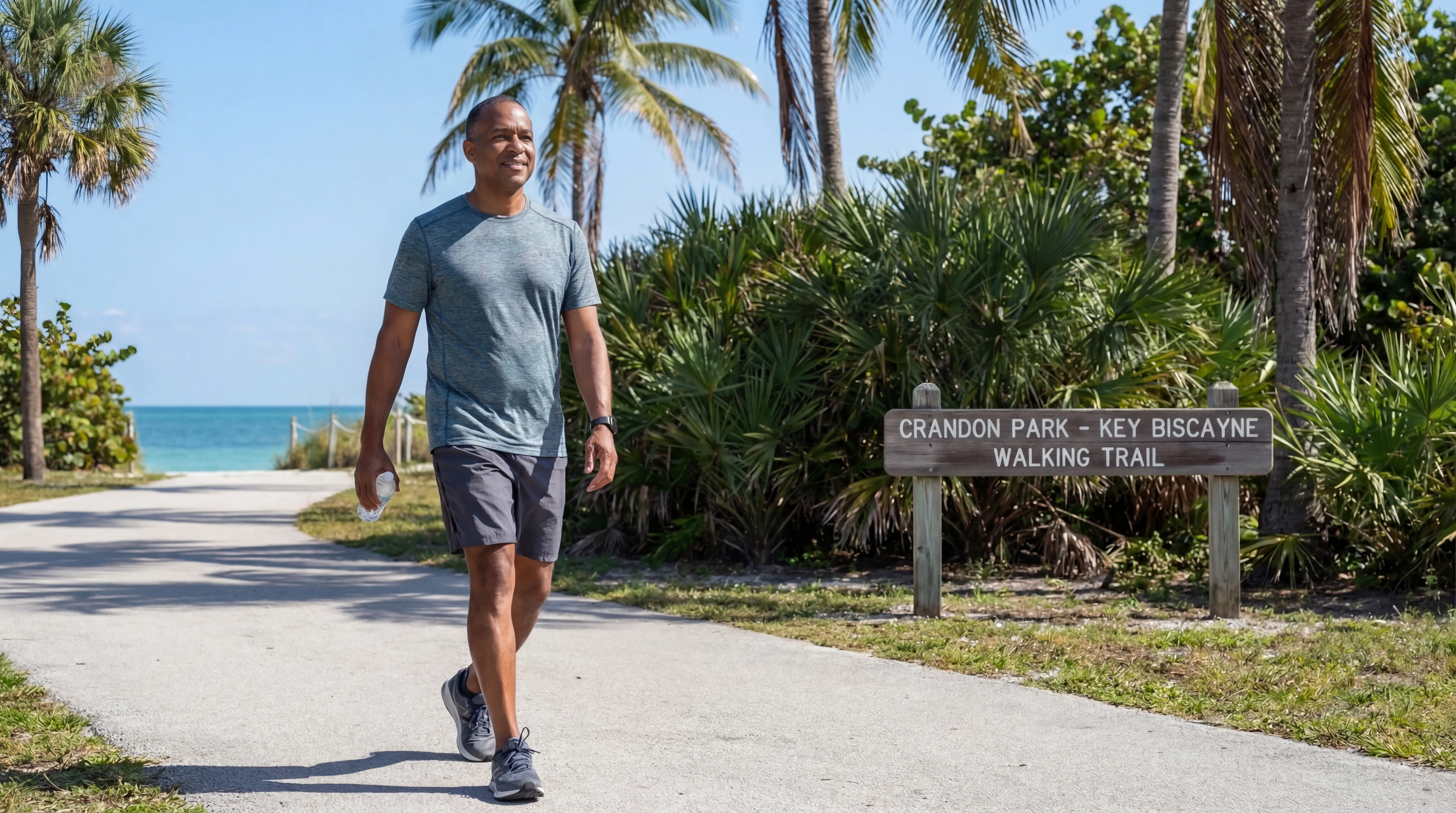 Man walking at Crandon Park on Key Biscayne after plantar fasciitis recovery in Miami