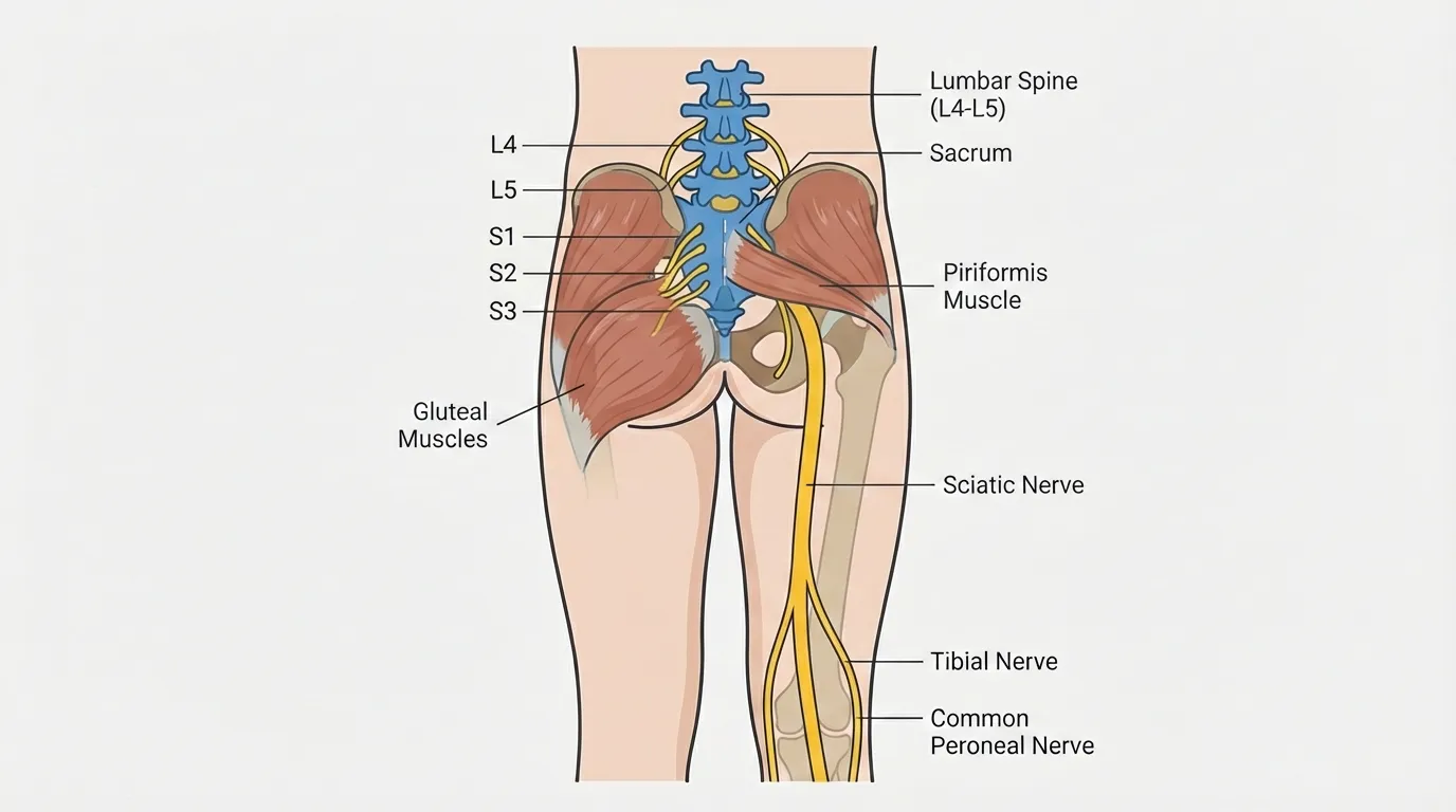 Sciatic nerve anatomy diagram showing L4-S3 nerve roots, piriformis muscle, and nerve path down both legs