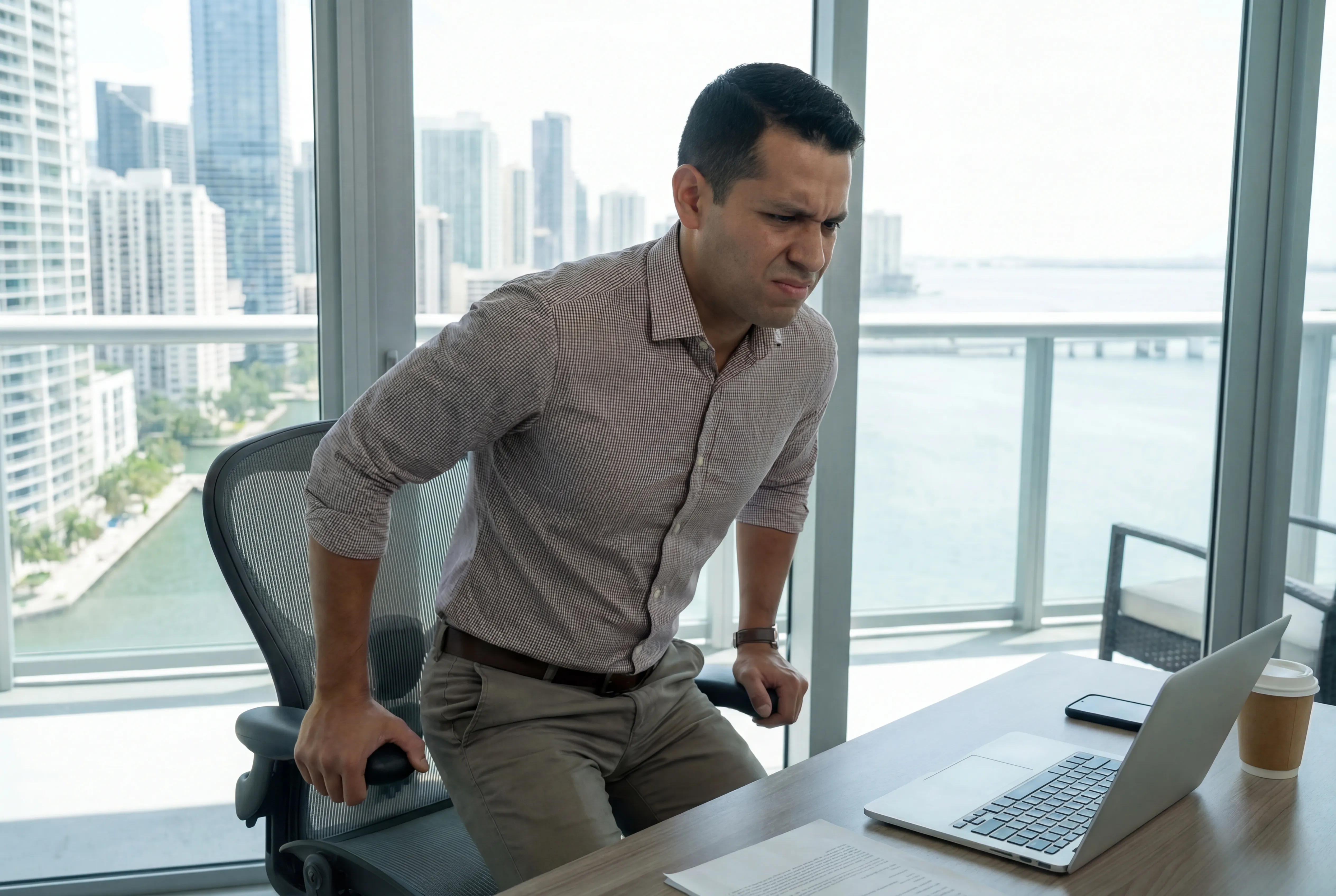 Man standing from desk with sciatica pain in a Brickell Miami high-rise office