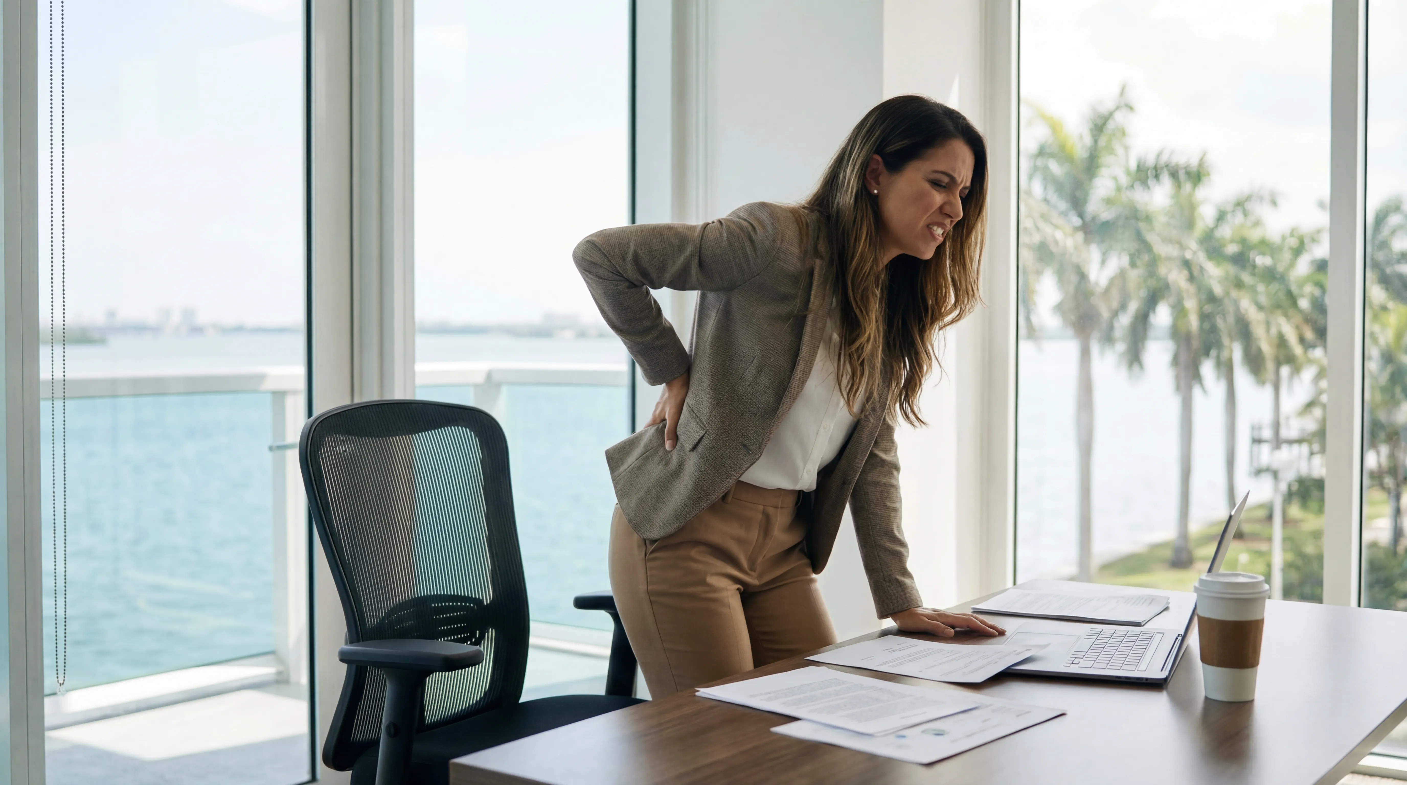 Woman with sciatica back pain at Miami Florida office